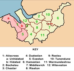 둠즈데이 북에 기록된 체셔 주의 헌드레드. 분홍색으로 표시된 지역은 웨일스의 플린트셔의 일부가 되었다.