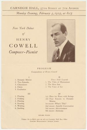 1924년 카네기 홀 데뷔를 위한 코웰의 홍보 전단