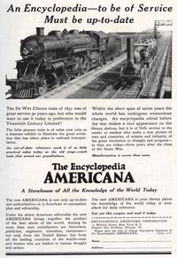 1921년 아메리카나 백과사전 광고. 기관차에 비유하여 "댁의 백과사전은 90년 전 구식이 아닙니까?"라고 적혀 있다.