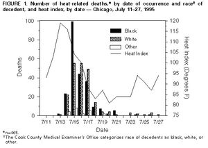 1995년 7월 11일~27일 시카고의 열지수 대비 사망자의 발생 날짜 및 사망자 인종을 보여주는 차트