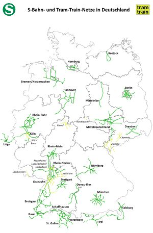 독일의 S반 노선(녹색) 및 트램-트레인 노선(연두색). 인접한 오스트리아 잘츠부르크와 스위스 바젤도 기재되어 있다.