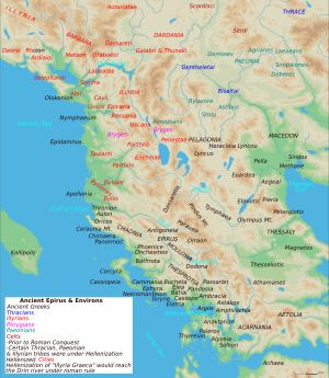 고대 에피로스 주변의 여러 부족. 검은색은 그리스인 계통, 빨간색은 일리리아인 계통