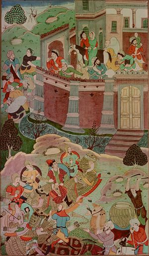 알루구를 공격하는 아리크부카의 군대 (1596년 무굴 제국 화가 미스킨 작, 라시드 웃딘의 집사 힌두어번역본 삽화)