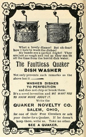 1896년 맥클루어's에 실린 Faultless Quaker 식기 세척기 광고.