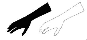 이진 실루엣(왼쪽) 또는 윤곽선(오른쪽) 이미지는 외형 기반 알고리즘의 전형적인 입력을 나타낸다. 이들은 다른 손 템플릿과 비교되며, 일치하는 경우 해당 제스처가 추론된다.