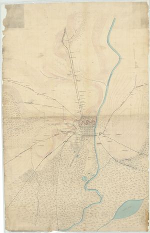 남북 전쟁 중 "메이컨 및 주변 지도", 연방군 무기고, 캠프 오글소프 및 "연방군 포로의 묘지"를 보여줌 (NAID 305649)