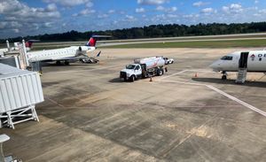 세 대의 델타 커넥션 CRJ가 콜럼버스 공항의 게이트에 주차되어 있다.