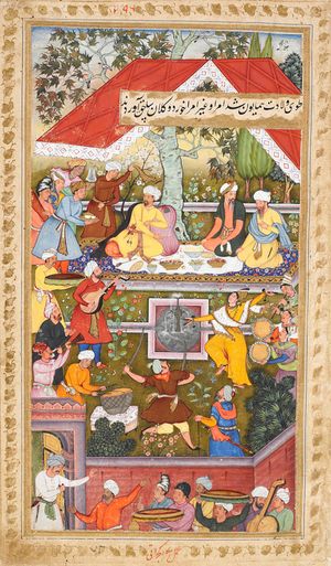 바부르가 카불의 차하르바그에서 후마윤 탄생을 축하하는 모습