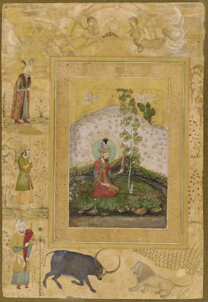 샤 자한이 의뢰한 앨범의 이미지로, 후마윤이 인도 정원에서 나무 아래에 앉아 있는 모습