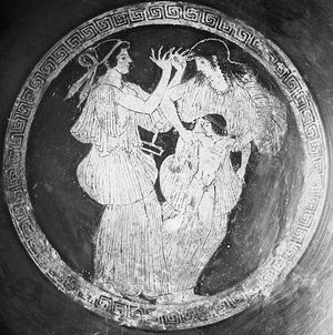 기원전 490년경 아티카 와인 컵, 필로멜라와 프로크네가 이티스를 죽이려 하는 장면 (파리 루브르 박물관)