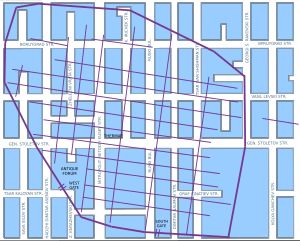 현대 지도 위에 표시된 울피아 아우구스타 트라야나의 성벽