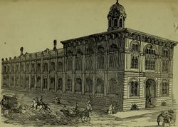 1887년의 톨랜드 홀. 톨랜드 홀은 파르나수스 캠퍼스로 이전하기 전 학교의 첫 번째 보금자리였다.