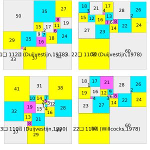 가장 낮은 차수의 완전 제곱 정사각형(1)과 세 개의 가장 작은 완전 제곱 정사각형(2–4)