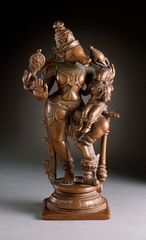 바라하와 그의 배우자 부미의 구리 조각상, 타밀나두, 서기 1600년