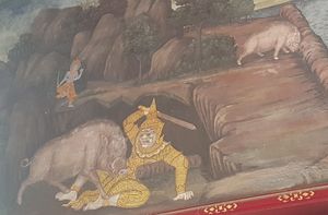 타이 버전의 라마야나인 라마키엔의 장면 - 비슈누(위차누)가 세계를 정복하려 하여 지구를 말아 올린 악마 히란야크샤(히란타)를 죽이기 위해 멧돼지로 변신한다.