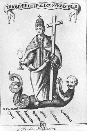 익명의 18세기 판화. 파스키에 케넬을 괴물로 묘사하며 로마 가톨릭 교회의 의인화가 그를 짓밟고 있다. 라틴어 문구는 케넬의 이름을 이용한 아크로스틱으로 "오류의 발톱인 파스키에 [...]에 대한 교회의 승리, 이제 거룩한 교회를 찢어발기고 있다"고 적혀 있다.