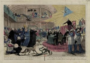 국민 제헌 의회가 성직자 민사 헌장 (1790)에 투표하는 모습. 반대하는 성직자들은 반헌법적인 독설을 퍼붓는 모습으로, 지지하는 성직자들은 헌법, 프랑스, 법률, 국왕에 대한 충성 서약을 하는 모습으로 묘사되어 있다.