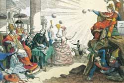 교황 칙서가 프랑스에 의해 교황에게 반환되는 18세기의 익명 풍자 판화, 인간 및 시민의 권리 선언 (1789)에 의해 강화됨. 교황 칙서에 대한 역사적 얀센주의의 반대는 혁명적 반성직주의와 일치했다.