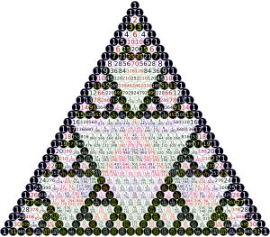 파스칼의 삼각형의 처음 32개 행에서 이항 계수가 짝수이면 흰색, 홀수이면 검은색으로 음영 처리하여 얻은 4단계 시에르핀스키 삼각형 근사치