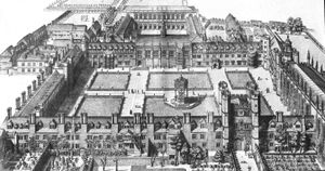 데이비드 로건의 1690년 판화. 네빌의 대법원(전경)과 당시 새롭게 지어진 렌 도서관을 포함한 네빌 법원(배경) - 뉴 코트는 아직 건설되지 않았다.