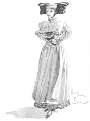 베스트팔렌(독일) 여성 농민 의상 – Percy Anderson의 삽화, "Costume Fanciful, Historical and Theatrical", 1906년