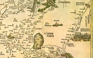 16세기 지도 Tabula Hungariae에 나타난 바나트. 즈레냐닌 주변의 큰 호수는 오늘날 말라버렸다.