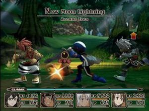 실시간 전투 장면. 3D로 렌더링된 캐릭터는 2차원 평면에 제한된다.