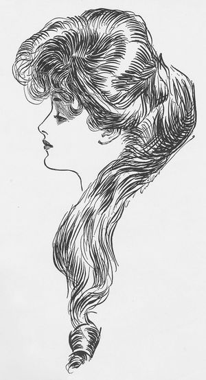 왼쪽을 바라보는 여성의 옆모습. 풍성한 머리카락은 물음표와 유사하다.