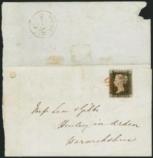 1840년 5월 6일에 사용된 세계 최초의 우표인 페니 블랙의 초일봉피. 뒷면 플랩의 날짜 도장으로 확인된다.