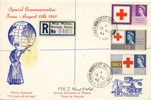 1963년 적십자 창립 100주년 기념 우표 초일봉피. 플로렌스 나이팅게일이 묻힌 웨스트 웰로우의 소인이 찍혀 있다.