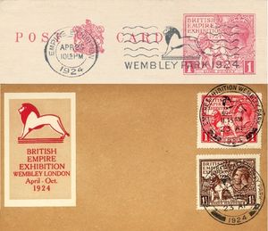 1924년 대영 제국 박람회 기념 우표에 사용된 특별 슬로건과 특별 소인 예시. 그림이 들어간 소인의 초기 형태이다.
