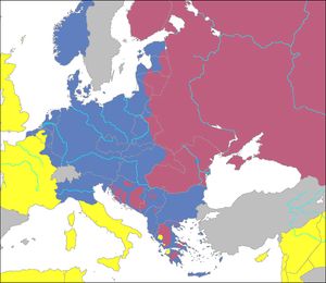 1944년 9월 25일 시점의 유럽 세력도. 파랑색이 추축국, 연한 빨강색이 소련, 노랑색이 연합국이다.