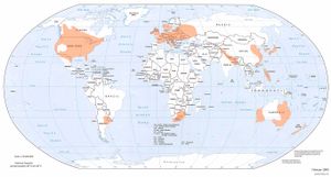 토네이도 발생 지역(주홍색)