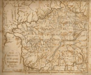 로우의 지도, "켄터키 주와 인접 영토". 남서부 영토는 아직 인디언의 통제하에 있던 서부 테네시를 포함하지 않았다. 로우 백과사전