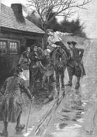 하워드 파일의 그림으로, 1793년 접근하는 적대적인 인디언 부대에 대해 녹스빌 주민들에게 경고하는 정찰병 묘사