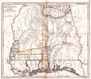 1817년 미시시피 준주 (1798-1817) 지도. 미국 남서부, 새로운 미국 주 미시시피주 (서쪽)와 앨라배마 준주 (동쪽)를 보여준다. 하단에는 멕시코만 남쪽 해안을 따라 스페인령 플로리다와 서부 플로리다의 서부 반도가 있으며, 1819년 미국의 플로리다 준주 구매와 1845년 플로리다주의 일부가 된다.