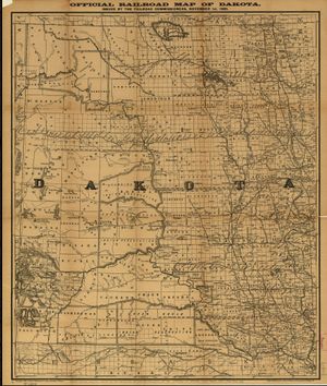 1886년 노스다코타주 지도. 당시 군청 소재지였던 벌링턴과 미조정 마을이었던 마이노트가 표시되어 있다.