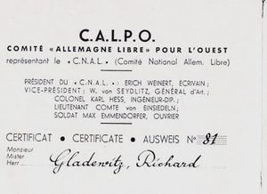 Comité Allemagne libre pour l’Ouest}} 회원 신분증; 이 신분증에서 조직은 독일 점령 하의 프랑스에서 NKFD의 "대표"로 불린다