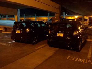 저압 나트륨 램프 아래에 있는 두 대의 혼다 피트 차량. 왼쪽 차량은 밝은 빨간색이고 오른쪽 차량은 실제 검은색이지만 두 차량 모두 검은색으로 보인다.