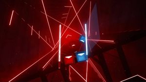 비트 세이버에서 플레이어는 노래의 비트와 노트에 맞춰 다가오는 블록을 베기 위해 한 쌍의 빛나는 검을 휘두른다.