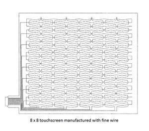 8 x 8 투사형 정전용량 터치스크린은 투명한 폴리에스터 필름에 내장된 25 미크론 절연 코팅 구리선을 사용하여 제작
