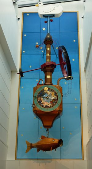 리젠트 쇼핑 아케이드에 있는 기계 시계로, 키 윌리엄스가 디자인했다. 오리에서 물고기까지의 거리는 14미터이다.
