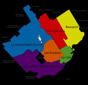 퀘벡 시 행정구: 오른쪽부터 시계 방향으로 보포르(노란색), 라 시테-리무아루(녹색), 레 리비에르(주황색), 생트푸아-실리-카프루주(보라색), 라 오트 생 샤를르(파란색), 샤를부르(빨간색)