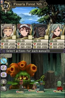 전투 장면. 캐릭터 정보는 상단 화면에, 게임 플레이는 하단 화면에 표시된다.