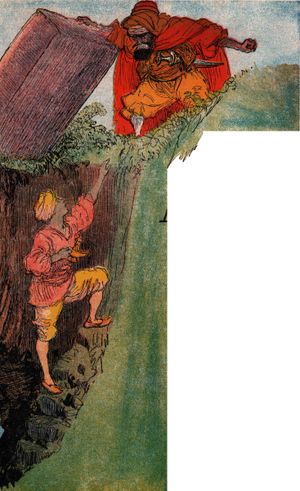 마법사가 알라딘을 마법 동굴에 가두다.