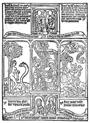 14-15세기 빈자 성경에 실린 에덴 동산의 뱀과 이브의 중세 삽화.