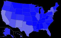 미국 영어 사용자의 밀도. 옅은 청색은 영어가 아닌 다른 언어 사용 인구가 많은 주