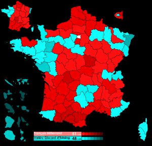 결선 투표 지역별 최다 득표 후보 분포. 프랑수아 미테랑 (분홍색), 발레리 지스카르 데스탱 (파란색)