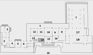 엘리제 궁 1층 평면도: 1. 테라스, 2. 살롱 다르장, 3. 살르 아 망제, 4. 비블리오테크, 5. 살롱 블루, 6. 살롱 데 카르트, 7. 살르 데 페트, 8. 살롱 뮈라, 9. 살롱 데 자이드 드 캉, 10. 살롱 데 잠바사되르, 11. 살롱 퐁파두르, 12. 살롱 데 포르트레, 13. 살롱 클레오파트르, 14. 에스칼리에 뮈라, 15. 베스티뷸 도뇌르, 16. 살롱 데 타피스리, 17. 자르댕 디베르, 18. 살롱 나폴레옹 3세, 19. 코르 도뇌르