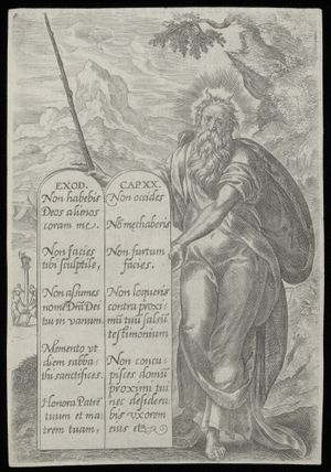 모세가 십계명을 보여주는 판화. 16세기 말 제작.